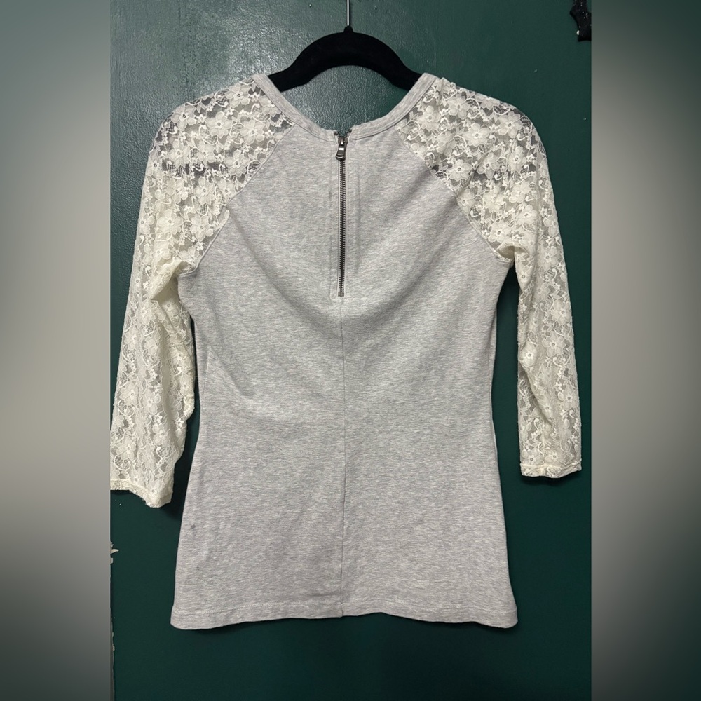 Express Gray Fitted Blouse with Lace Sleeves